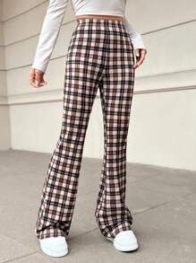 SHEIN EZwear 女式針織格紋長褲 - 棕色 - 查看 1