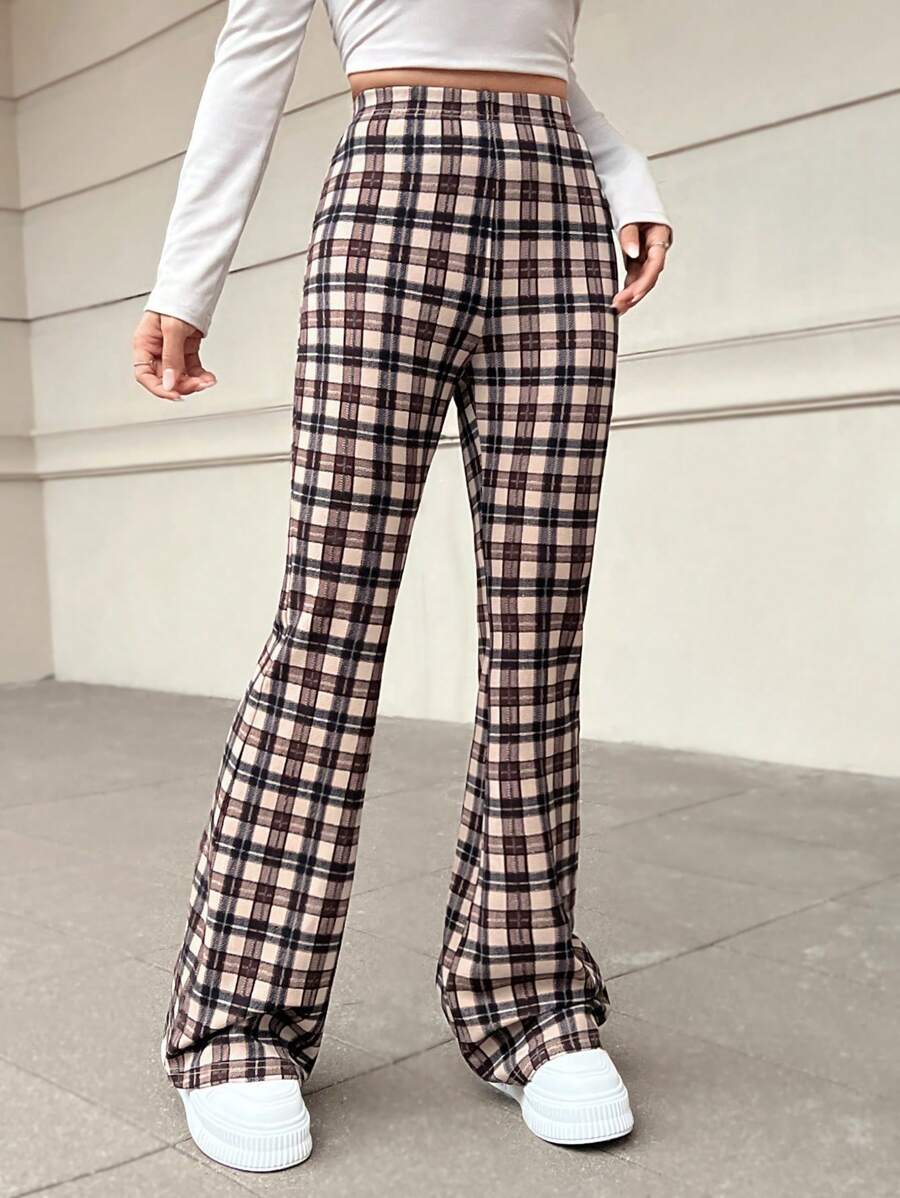 SHEIN EZwear 女式針織格紋長褲 - 棕色 - 查看 1