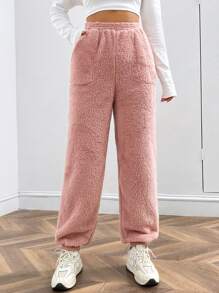 SHEIN EZwear 粉紅色毛茸茸女士長褲 - 粉色 - 查看 5