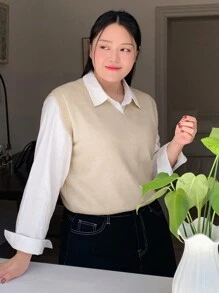 Dazy Petite Plus Solid Sweater Vest Without Blouse - Apricot - View 6