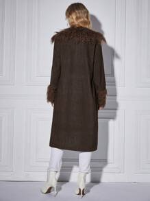 SHEIN Clasi Fuzzy Trim Open Front Coat - Coffee Brown - View 2
