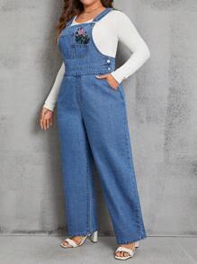 SHEIN Privé 大碼花卉刺繡牛仔背帶褲不帶T恤 - 藍色 - 查看 3