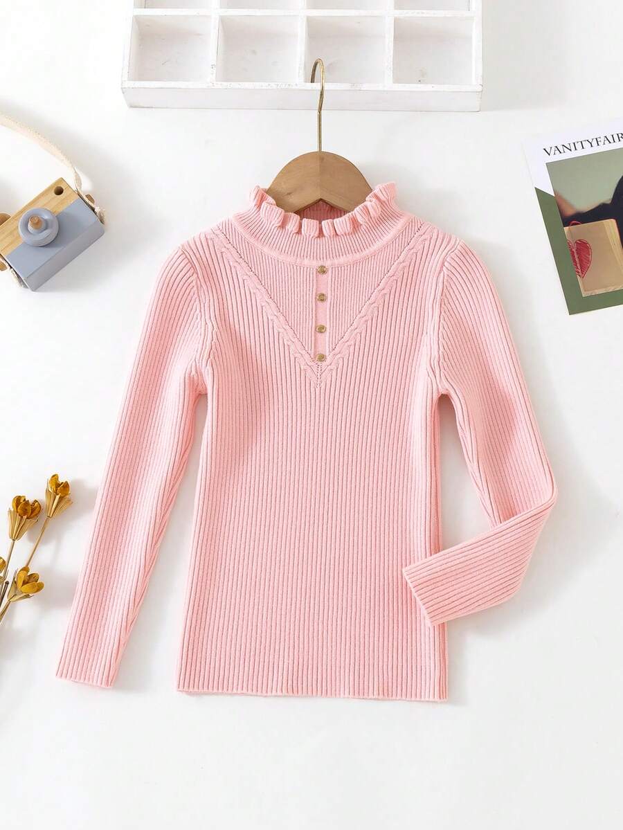 SHEIN Cô Gái Trẻ Lá sen tỉa Cổ giả Áo len - Hồng - Xem 1