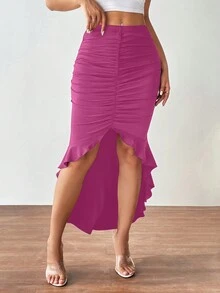 SHEIN Privé 褶邊荷葉邊不對稱下擺半身裙 - 玫紅色 - 查看 3
