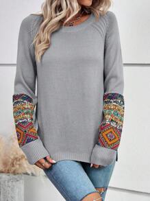 SHEIN LUNE Geo Pattern Raglan Sleeve Knit Pullover Fall Winter Sweater - Grey - View 5