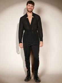 FeverCity 男士實心綁帶網衫修身透視性感襯衫，適合男友禮物 - 黑色 - 查看 6