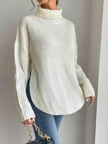 SHEIN LUNE 高領落肩袖下擺開叉套頭毛衣 - 米色 - 查看 1