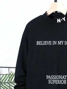 SHEIN Tween Boy Slogan Graphic Mock Neck Tee - Black - View 4