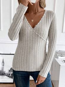 Pearls Beaded Surplice Neck Ribbed Knit Tee - Khaki - View 6