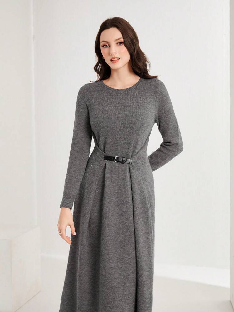 Solid Fold Pleated Detail Belted Sweater Dress