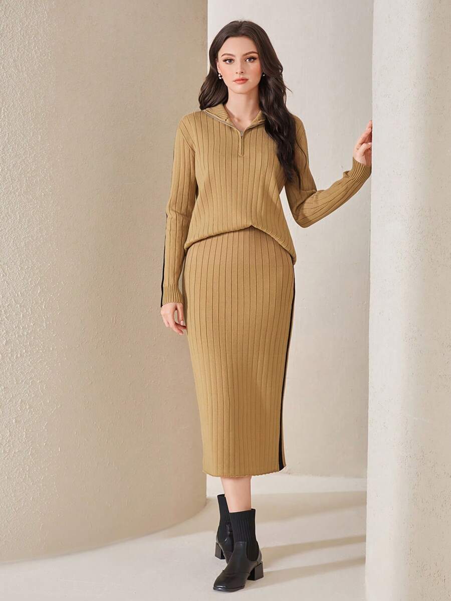 Mulvari 條紋針織毛衣和針織裙 - 卡其色 - 查看 1