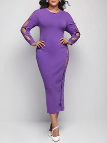 Yelly Gray 设计师加大剪裁纯色优雅连衣裙，适合节日、派对、生日服装、节日、婚礼、舞会礼服 - 紫色 - 查看 3