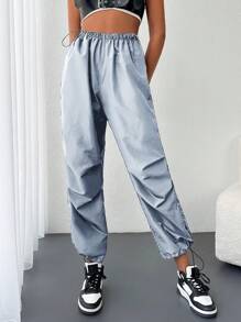 EURMUSE Solid Drawstring Waist and Hem Wind Pants - White - View 4