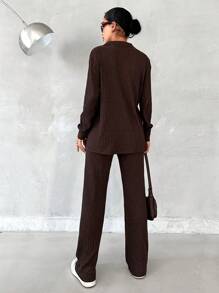 RueChic Drop Shoulder Button Front Tee & Pants - Brown - View 2
