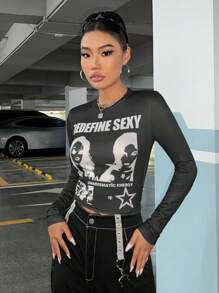 SHEIN ICON 人物和字母圖案短款T恤