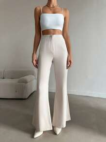 EURMUSE Women's Fashionable Versatile Commuting Solid Color High-Waisted Flare Suit Pants - Beige - View 1