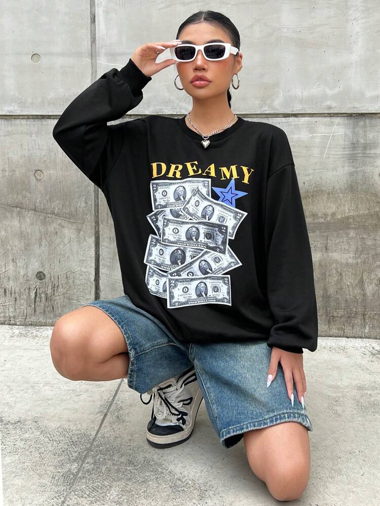 Dollar & Letter Graphic Drop Shoulder Sweatshirt