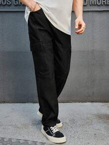 GENTILAND 宽松男式翻盖口袋侧边工装牛仔裤 - 黑色 - 查看 4