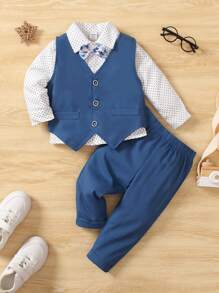 SHEIN 男嬰波點圖案前蝴蝶結襯衫&馬甲和褲子