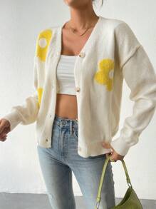 SHEIN Essnce 花卉圖案落肩袖開襟衫 - 白色 - 查看 1