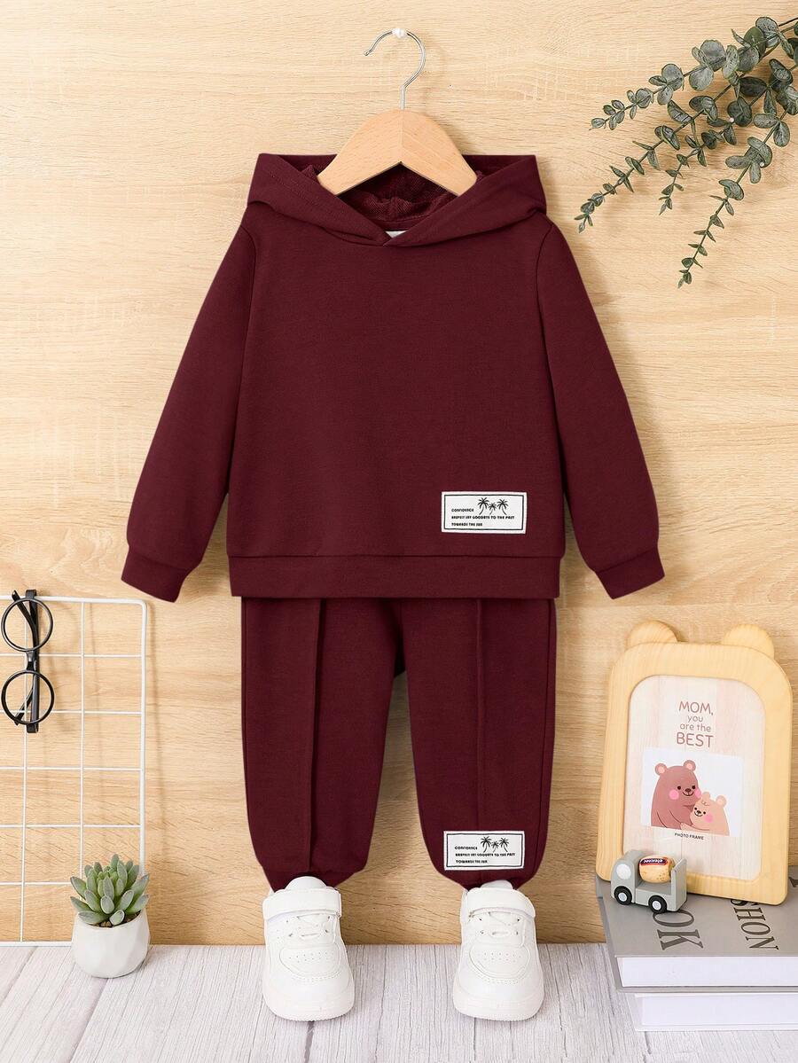 SHEIN 男嬰補丁細節連帽衫和運動褲 - 酒紅色 - 查看 1