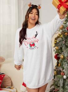 SHEIN EZwear 大碼聖誕刺繡落肩袖絨毛衛衣洋裝 - 白色 - 查看 4