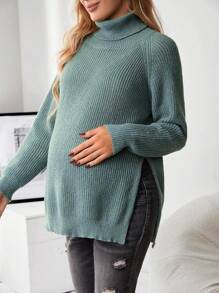 SHEIN 孕婦高領插肩袖下擺開叉套頭毛衣 - 綠色 - 查看 7