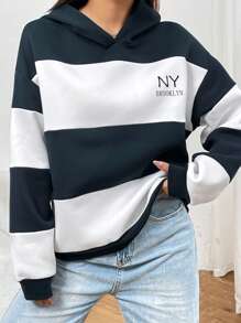 INAWLY 字母圖案撞色落肩袖連帽衫 - 藍白色 - 查看 1