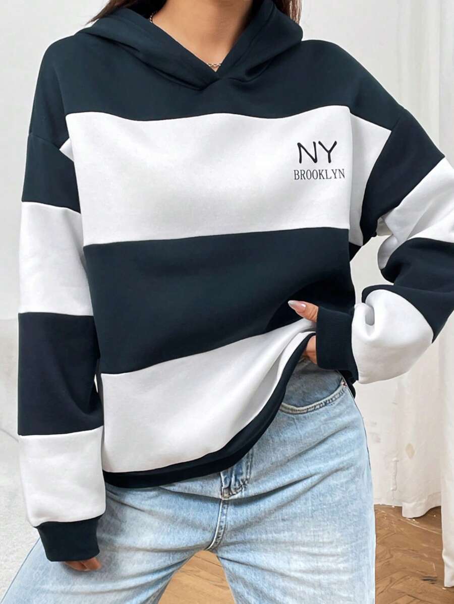 INAWLY 字母圖案撞色落肩袖連帽衫 - 藍白色 - 查看 1