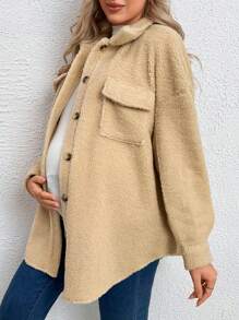 SHEIN Maternity Flap Pocket Drop Shoulder Teddy Coat - Apricot - View 3