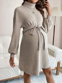 SHEIN Thai sản Cổ cao Váy có thắt lưng - Màu Khaki - Xem 9