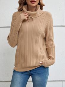 EMERY ROSE سترة نسائية بياقة مدورة وأكمام طويلة - بني فاتح - مشاهدة 1