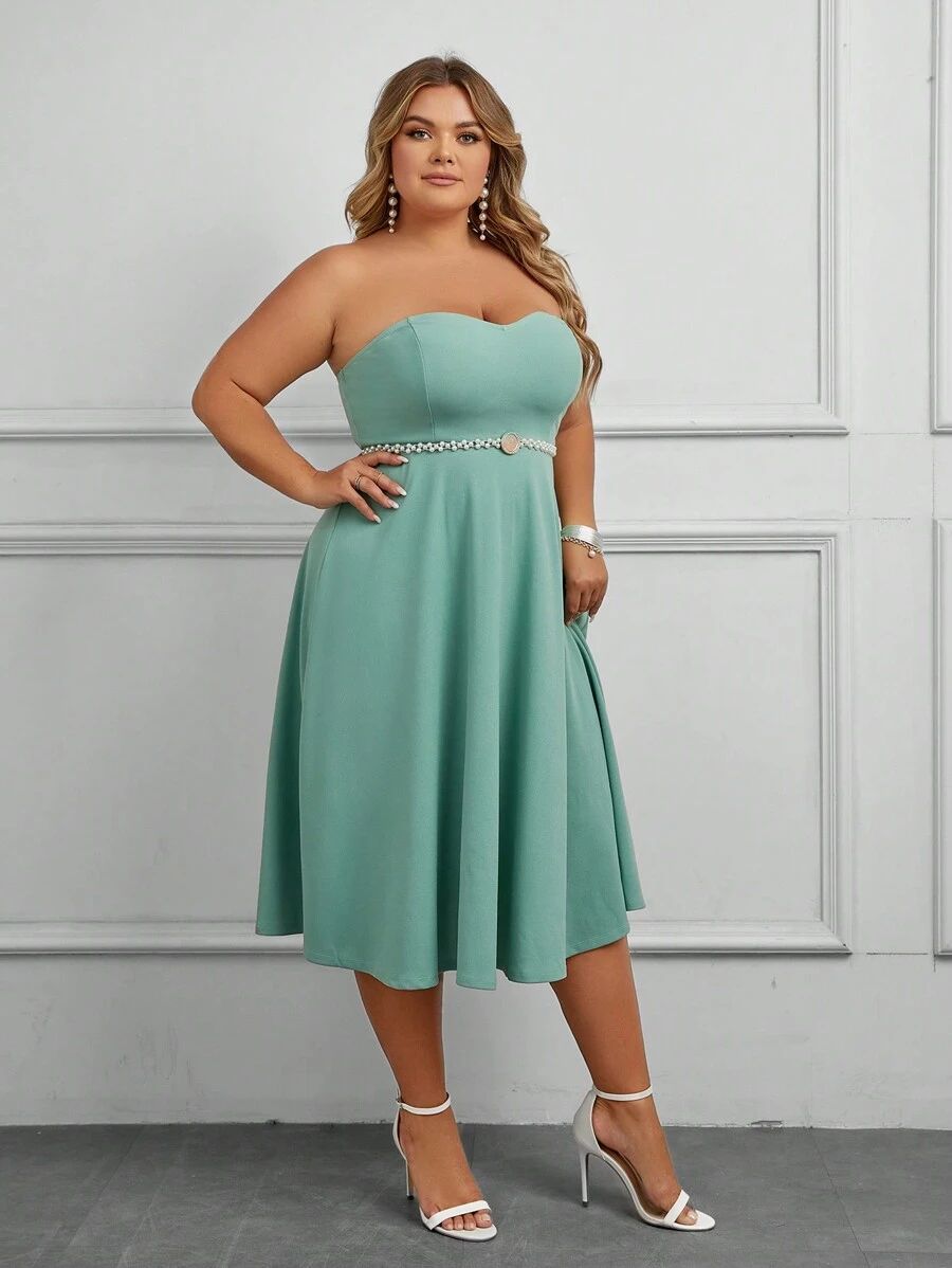 SHEIN Belle 大碼素色抹胸伴娘洋裝不附腰帶 - 薄荷綠 - 查看 1
