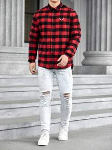 Manfinity RebelGame 寬鬆版型男式鹿角圖形水牛格子印花襯衫 - 紅色 - 查看 5