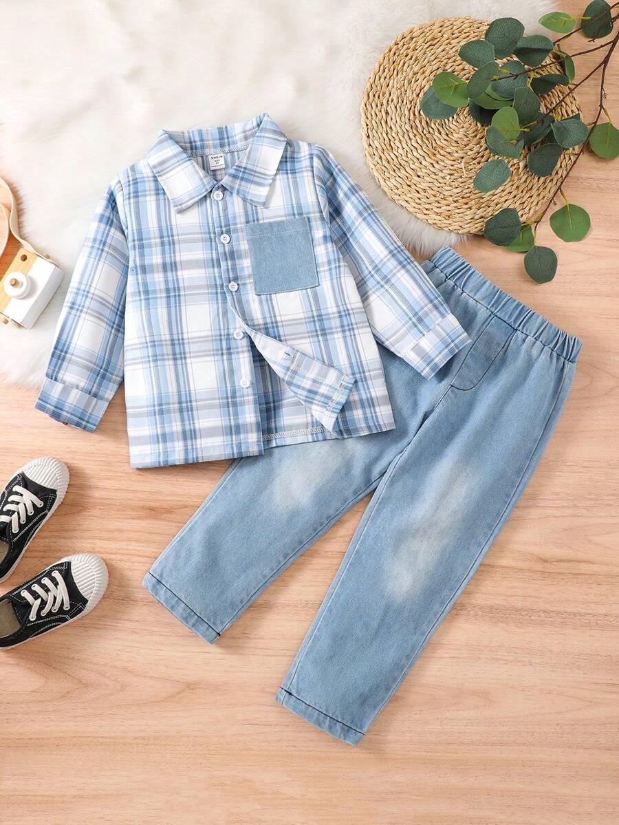 SHEIN 男小童格紋印花襯衫&牛仔褲