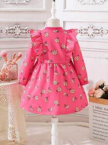 SHEIN Young Girl Allover Floral Print Ruffle Trim Dress - Hot Pink - View 2