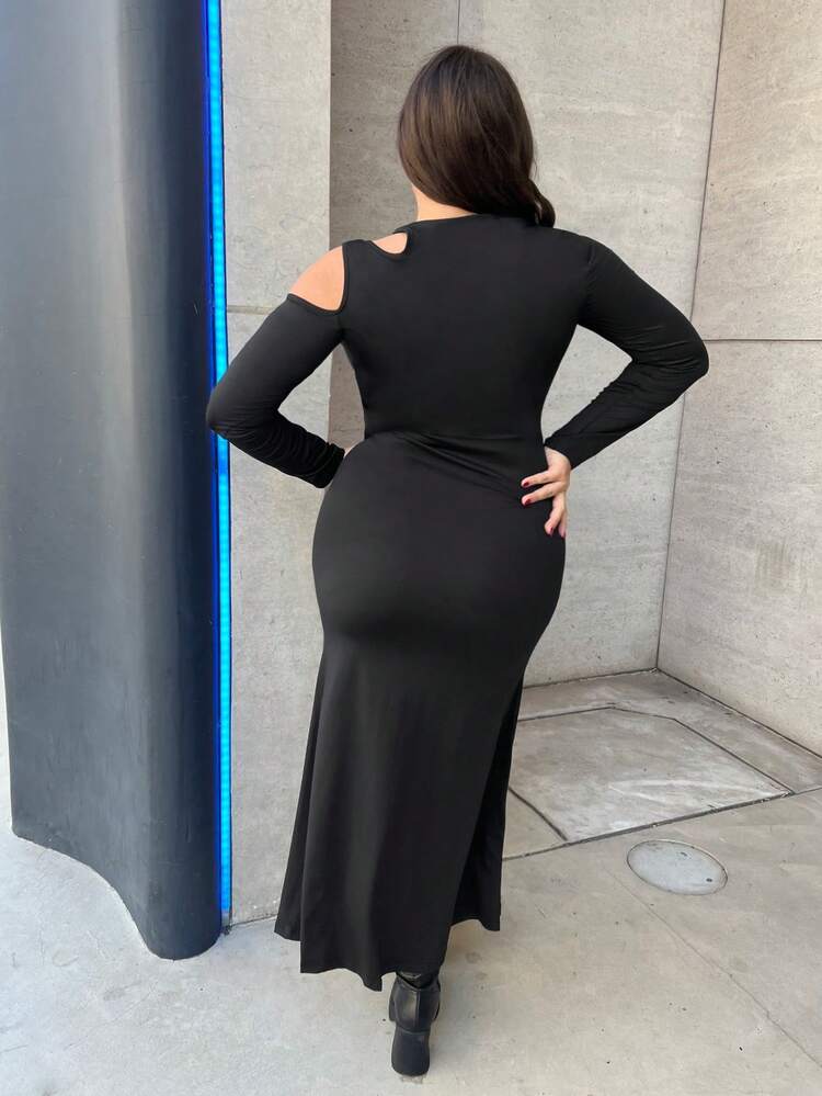 Plus Solid Cut Out Asymmetrical Neck Dress