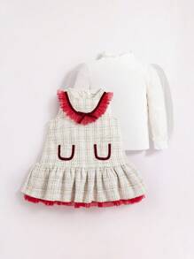 SHEIN Baby Girl Mock Neck Tee & Plaid Ruffle Trim Dress - Apricot - View 6