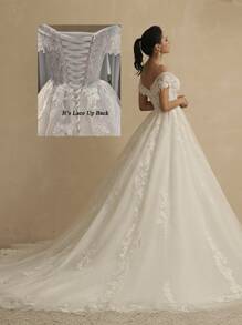 Vestido de novia elegante con cuello bardot, cintura ceñida, vestido de novia con bordados y malla - Beis - Ver 2