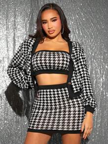 SHEIN SXY 千鳥格印花短款抹胸上衣&包臀半身裙&夾克 - 黑與白 - 查看 6
