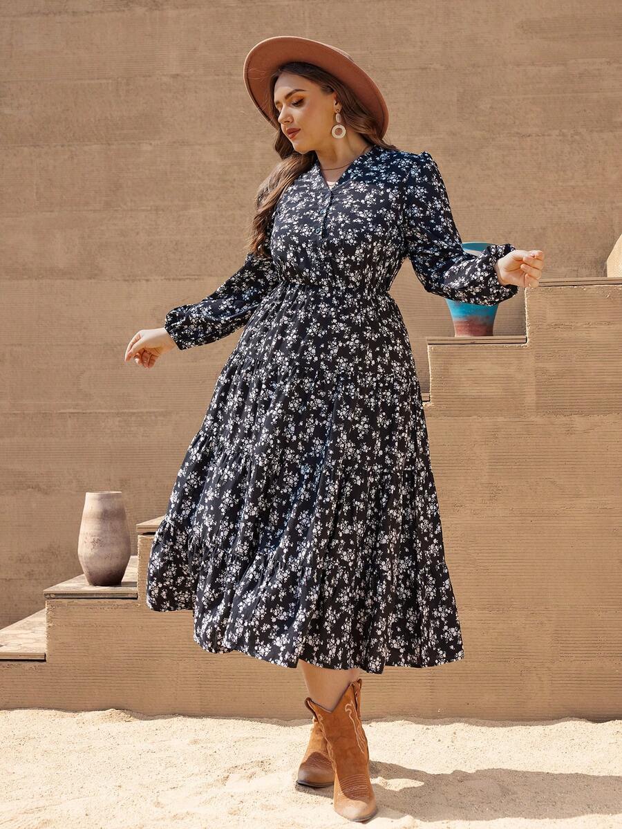 SHEIN VCAY Hơn In hoa Ditsy Tay áo lồng đèn Xù Hoa Sen Đầm - màu đen - Xem 1