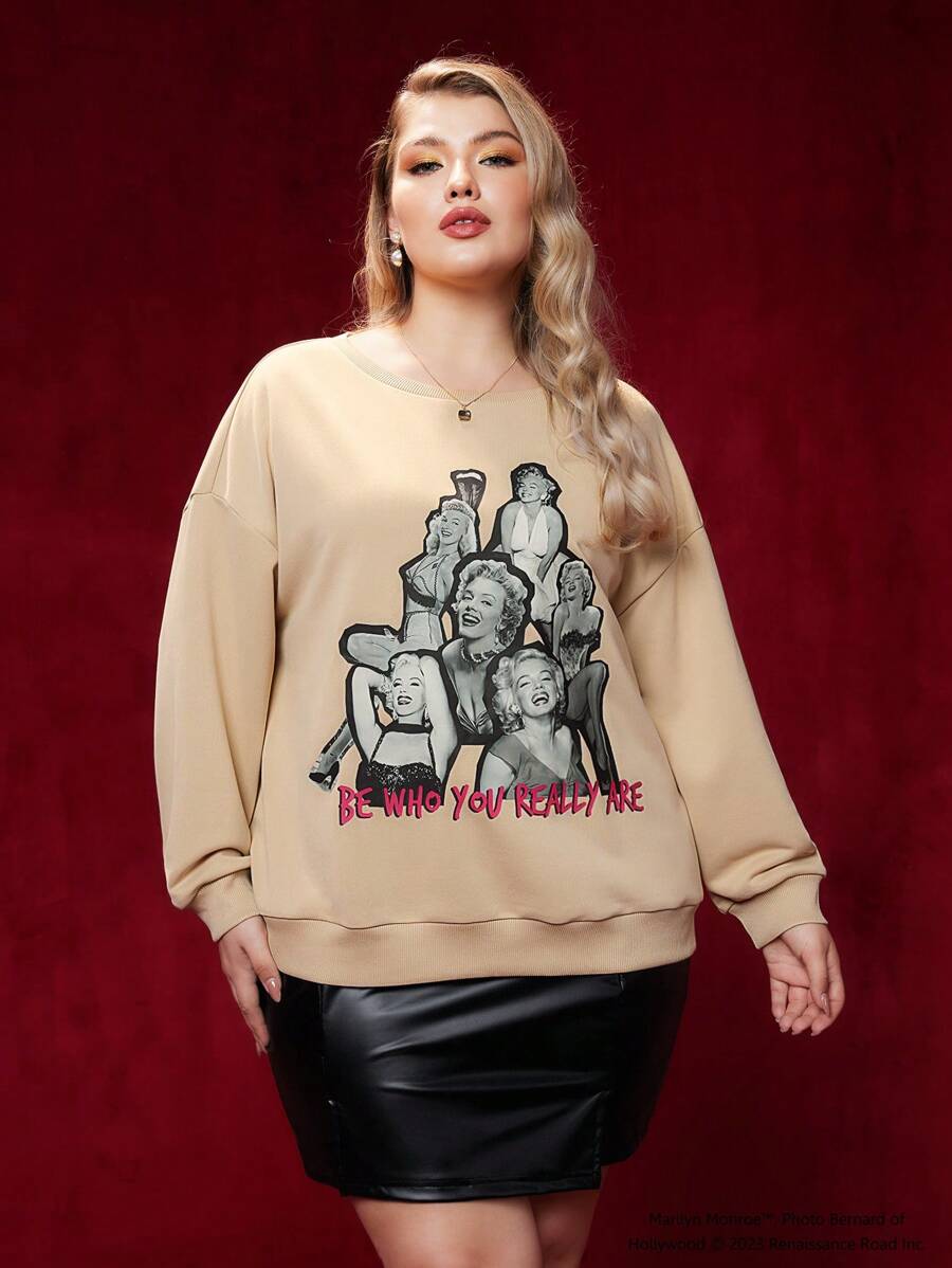 Marilyn Monroe X SHEIN Sudadera De Gran Tamaño Con Hilo Marilynmonron - Albaricoque - Ver 1