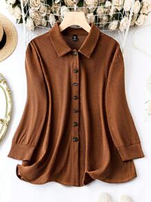 SHEIN LUNE Plus Solid Button Front Coat - Coffee Brown - View 1