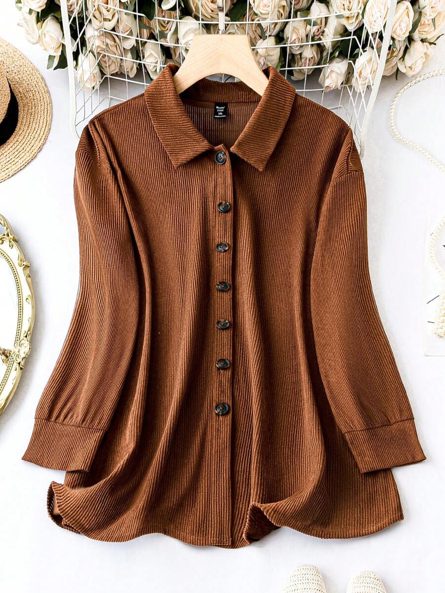 SHEIN LUNE Plus Solid Button Front Coat - Coffee Brown - View 1