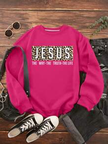 SHEIN EZwear Plus Leopard & Slogan Graphic Thermal Lined Sweatshirt - Hot Pink - View 1