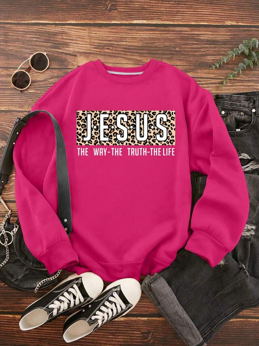 SHEIN EZwear Plus Leopard & Slogan Graphic Thermal Lined Sweatshirt - Hot Pink - View 1