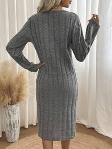 SHEIN LUNE Chất rắn Đồ đan Ribbed Đầm Áo len Không có thắt lưng - Xám - Xem 2