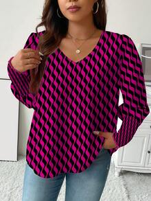 Celure Plus Allover Print Lantern Sleeve Blouse - Multicolor - View 3