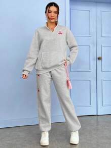 SHEIN EZwear Cherry Graphic Drop Shoulder Sweatshirt & Sweatpants - Grey - View 3