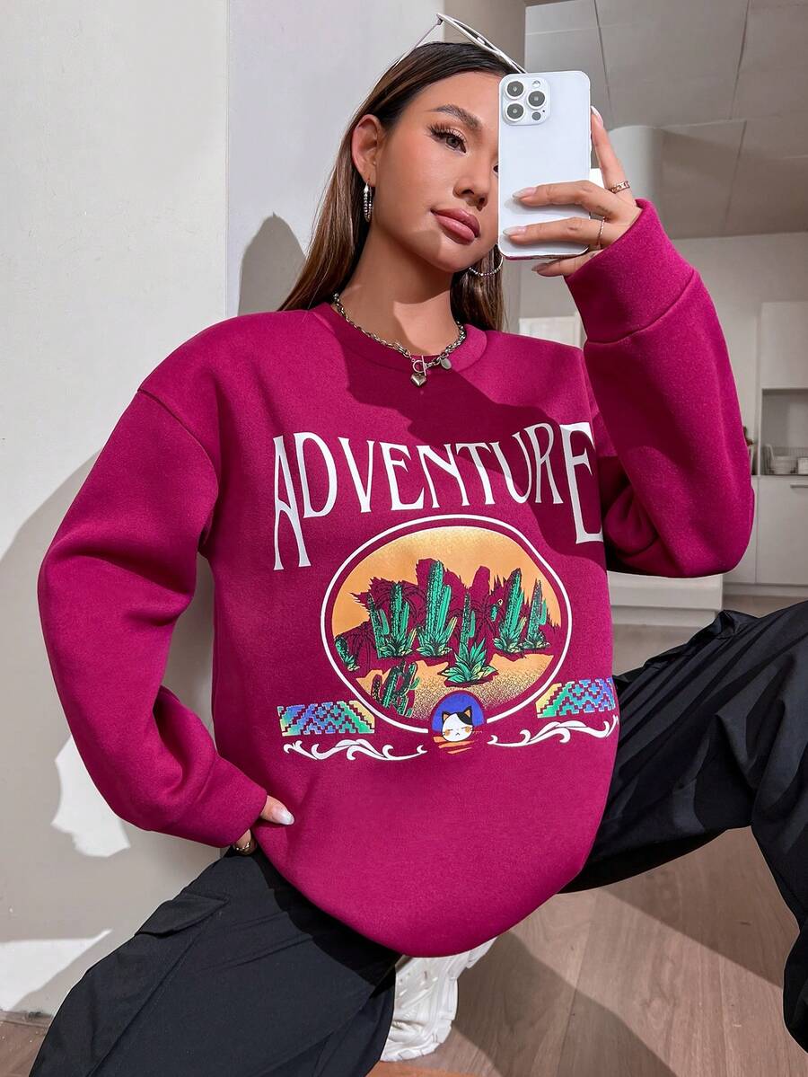 SHEIN Unity Xương rồng & Đồ họa Chữ cái Thả vai Áo nỉ - Màu tím - Xem 1